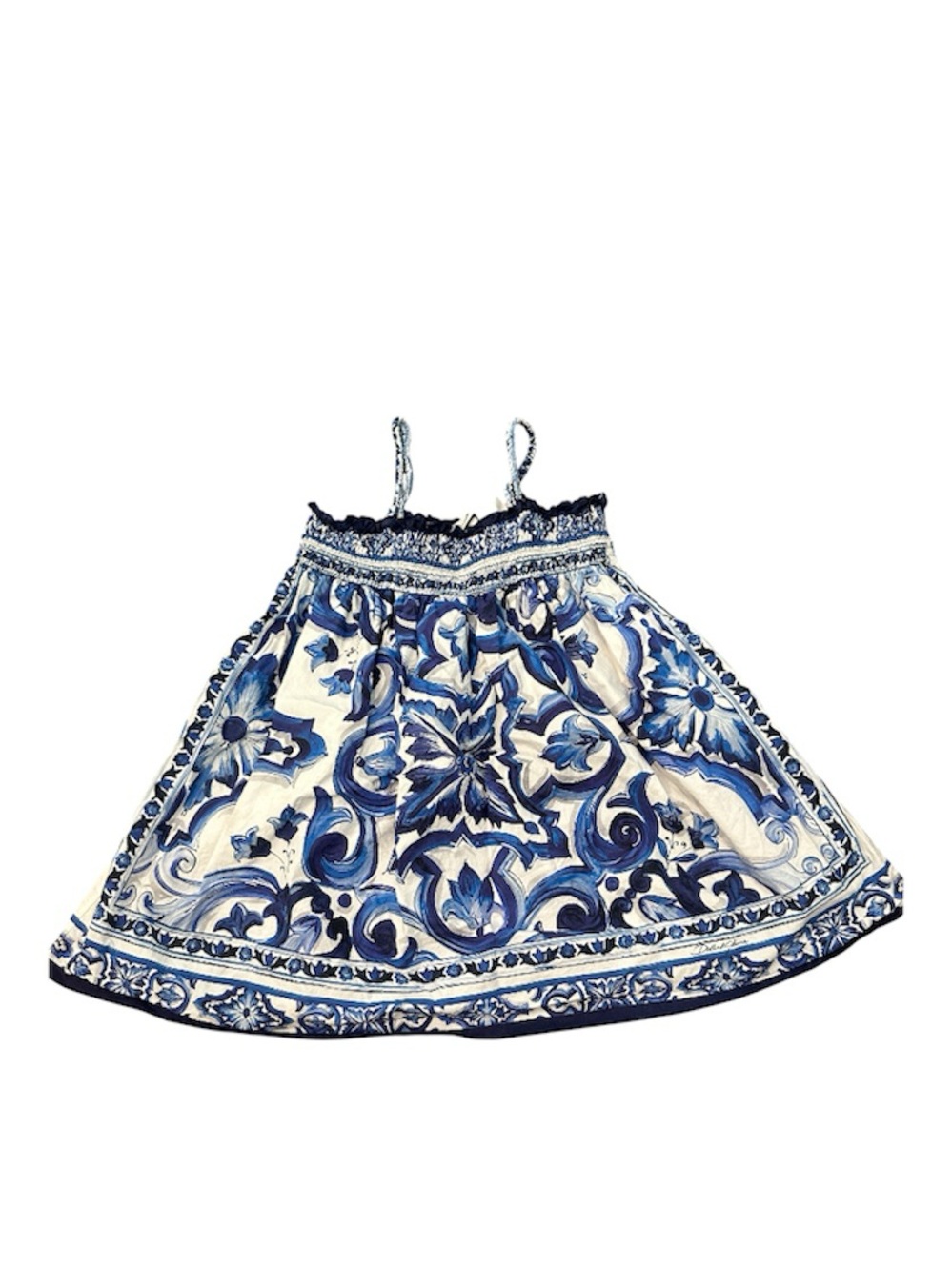 Dolce & Gabbana Girls’ Majolica Poplin Blue & White Floral Tile Print Sundress